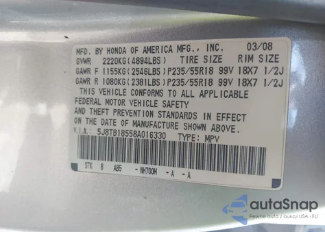 2008 Acura Rdx from USA, damaged, VIN 5J8TB18558A016330